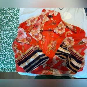 Floral Red and Orange Tie Front Top